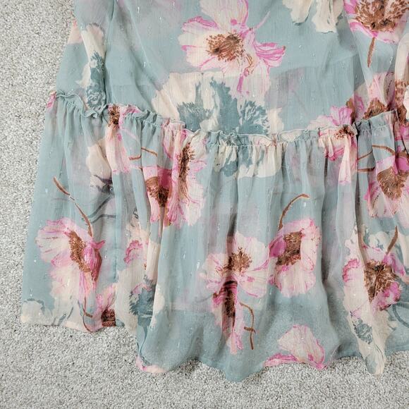 Express Wrap Dress Womens S/M Green Floral Watercolor Sheer Tiered Long Maxi - Picture 7 of 16